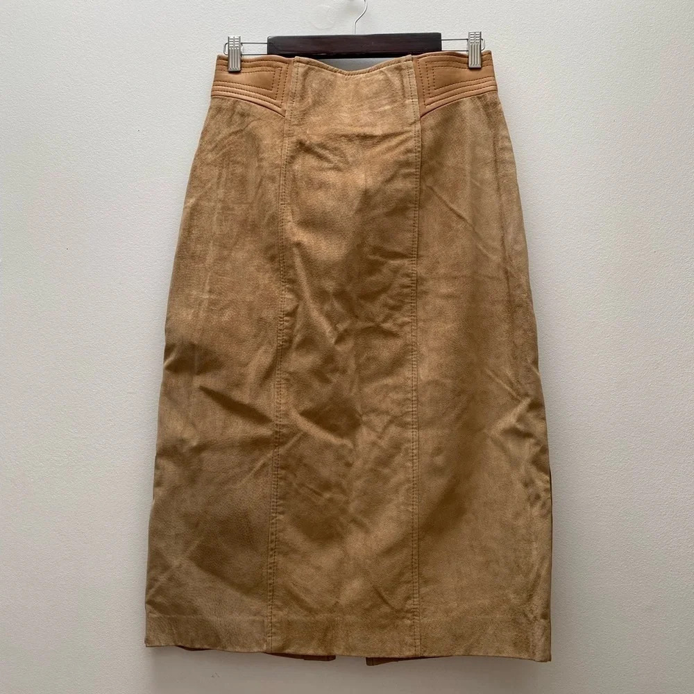 VINTAGE - Tan 1980s High Waisted Leather Suede Pencil Skirt